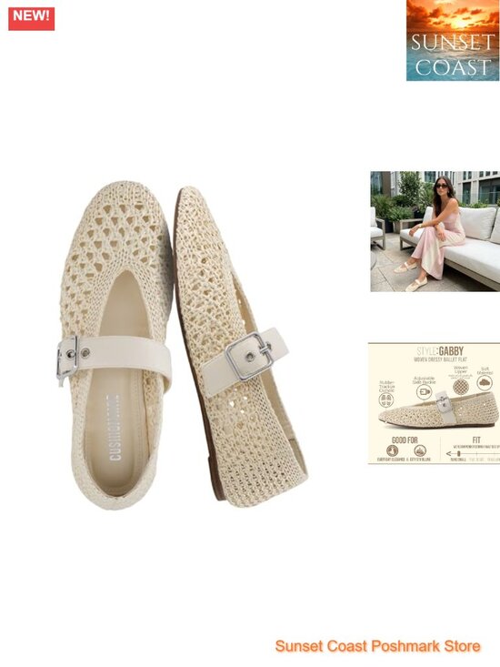 Shoes - Woven Mary Jane Ballet Flats with Adjustable Gold-Tone Buckle, Memory Foam